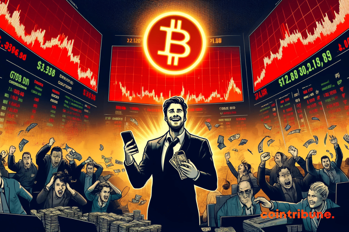 a chaotic trading room with a confident investor and a bright Bitcoin logo in the background