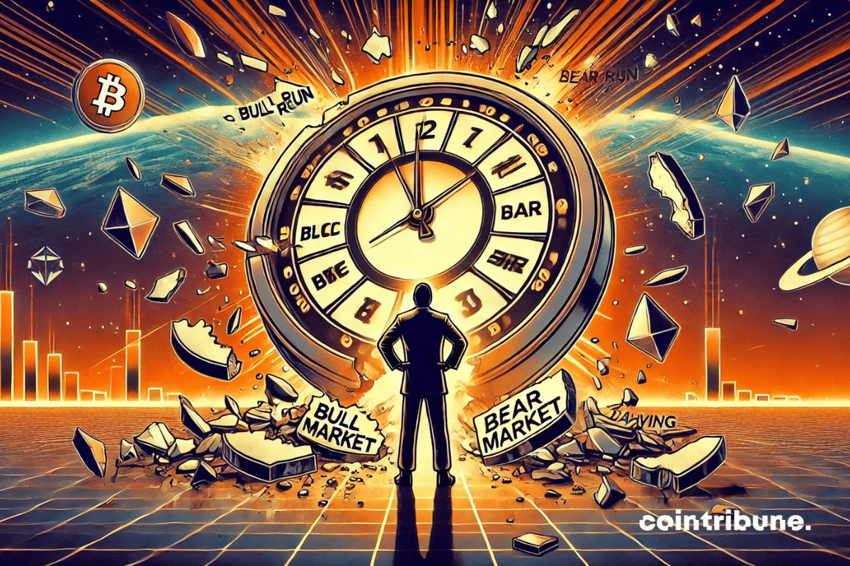 Analyste observant un horloge représentant les cycles du marché crypto écrasé