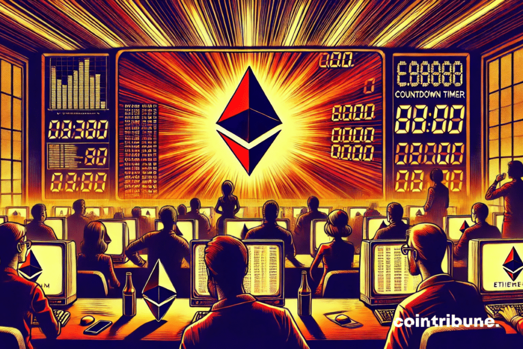 Un groupe de passionnés crypto regardant l’écran du logo Ethereum.