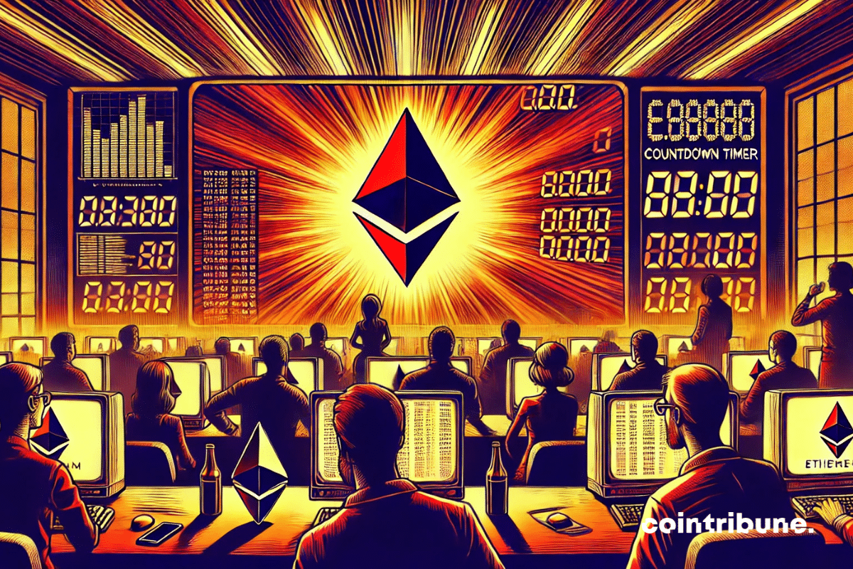 Un groupe de passionnés crypto regardant l’écran du logo Ethereum.