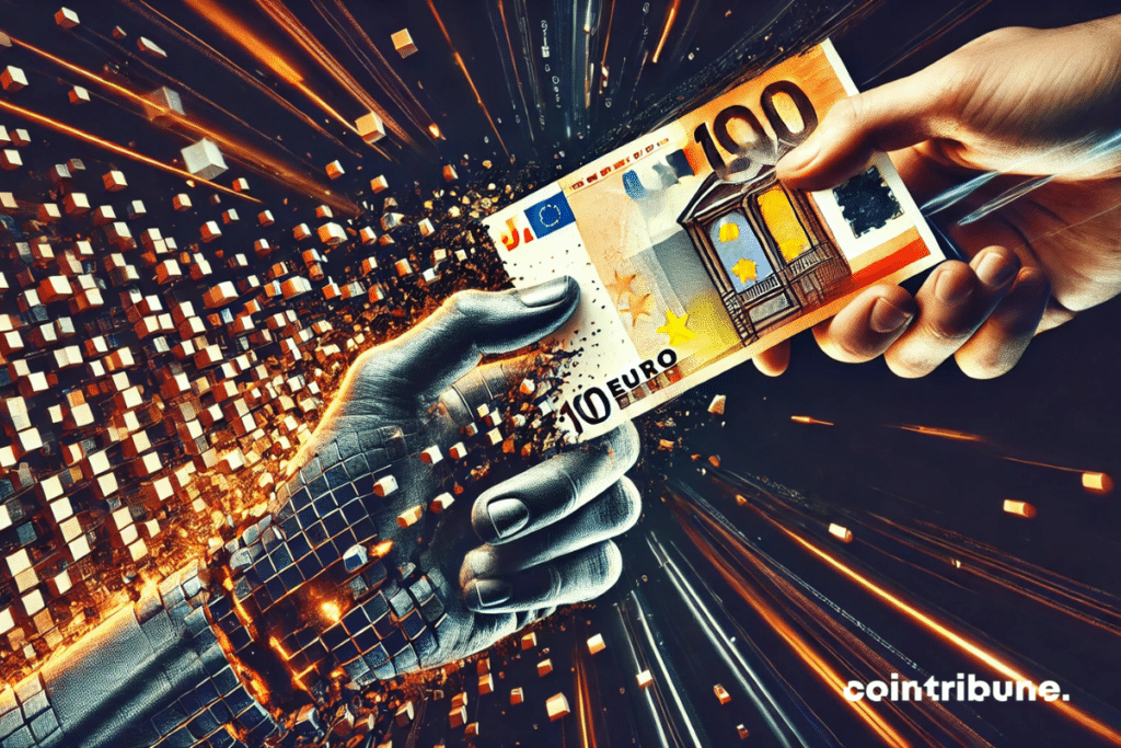 Une main humaine détaillée tient un billet de 100 euros qui se désintègre en pixels, aspiré par un smartphone en arrière-plan. L’ambiance est futuriste avec un fond noir parcouru de lignes de données blanches et orange, symbolisant la transition vers une société numérique. L’éclairage dramatique met en valeur la transformation du cash en données digitales, renforçant l’impact visuel dans un style inspiré des comics des années 70.