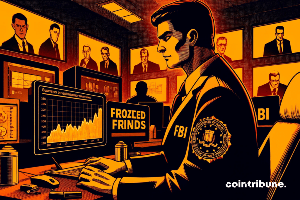 Illustration of an FBI agent analyzing suspicious crypto transactions on a screen.