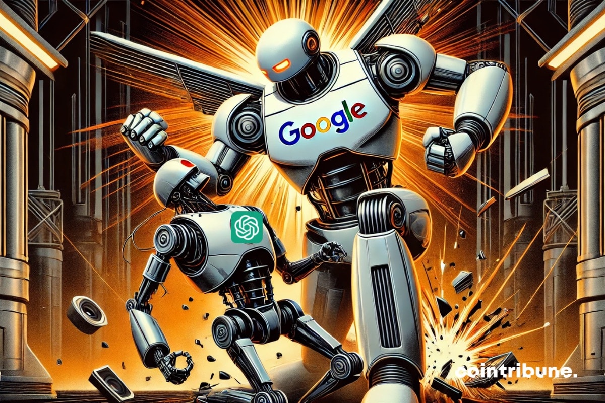 Un robot Google représentant Gemini 2.5 qui détruit un petit robot ChatGPT de OpenAI