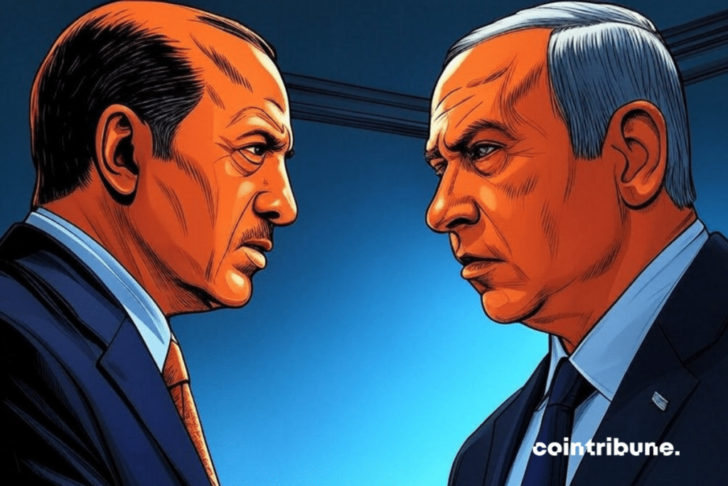 Profile illustration showing the faces of Erdogan and Netanyahu facing each other against a blue background, symbolizing the diplomatic tensions between Turkey and Israel.