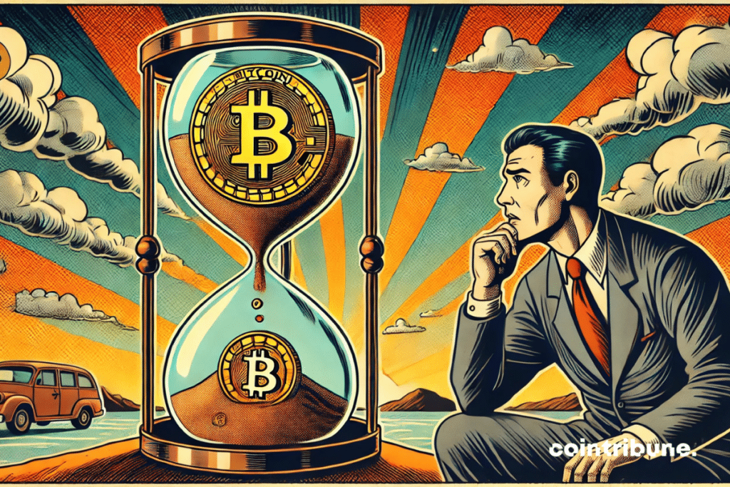 A symbolic hourglass where Bitcoin crumbles and falls, illustrating market uncertainty.