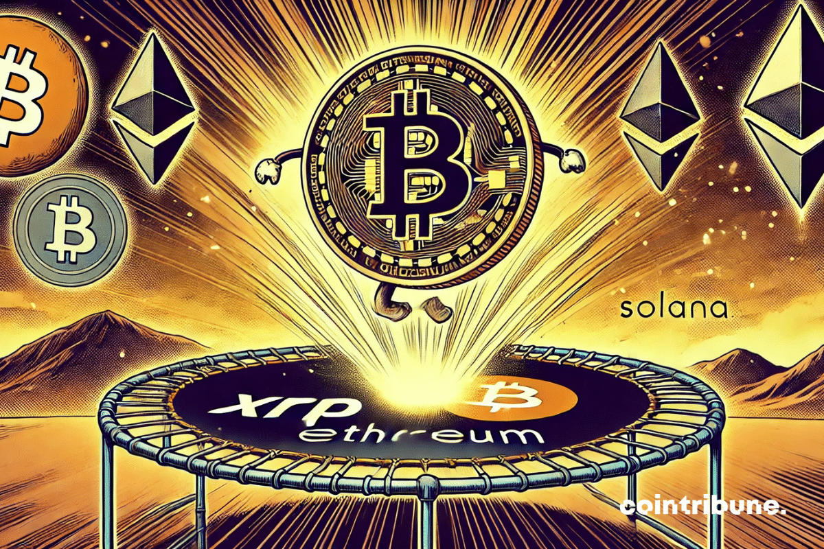 Bitcoin bouncing on a trampoline, with Ethereum, Solana, and XRP balancing on a tightrope, symbolizing market uncertainty.