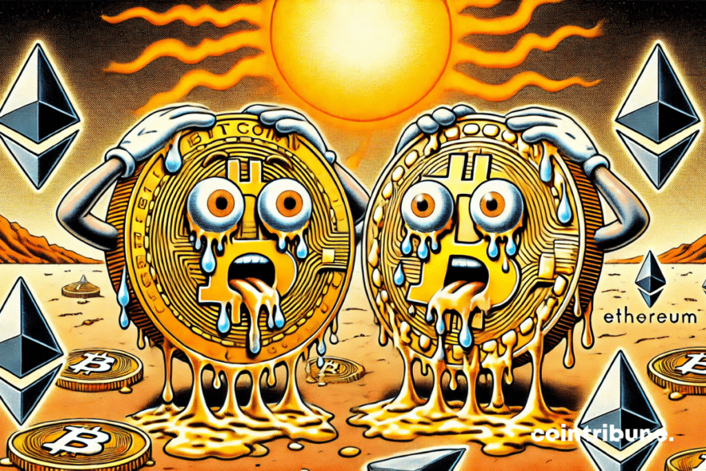 Cripto : Bitcoins y Ethereums antropomórficos derritiéndose bajo un sol ardiente, expresando pánico ante la caída del mercado.