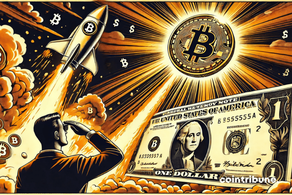 Bitcoin takes off like a rocket as the dollar plummets, capturing the contrast between decline and rise.