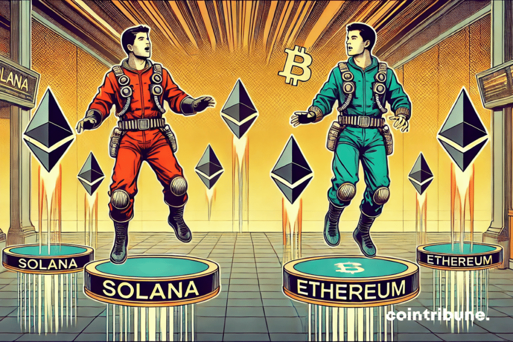 Crypto : ¡dos traders en las plataformas flotantes de Solana y Ethereum! 🚀🔥 El trader en Solana está eufórico pero preocupado por la caída de los memecoins, mientras que el de Ethereum permanece impasible y confiado.