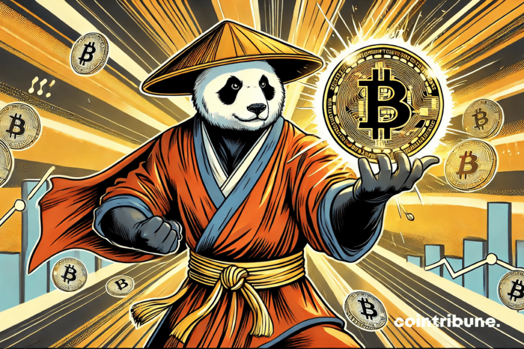 A panda holding a bitcoin
