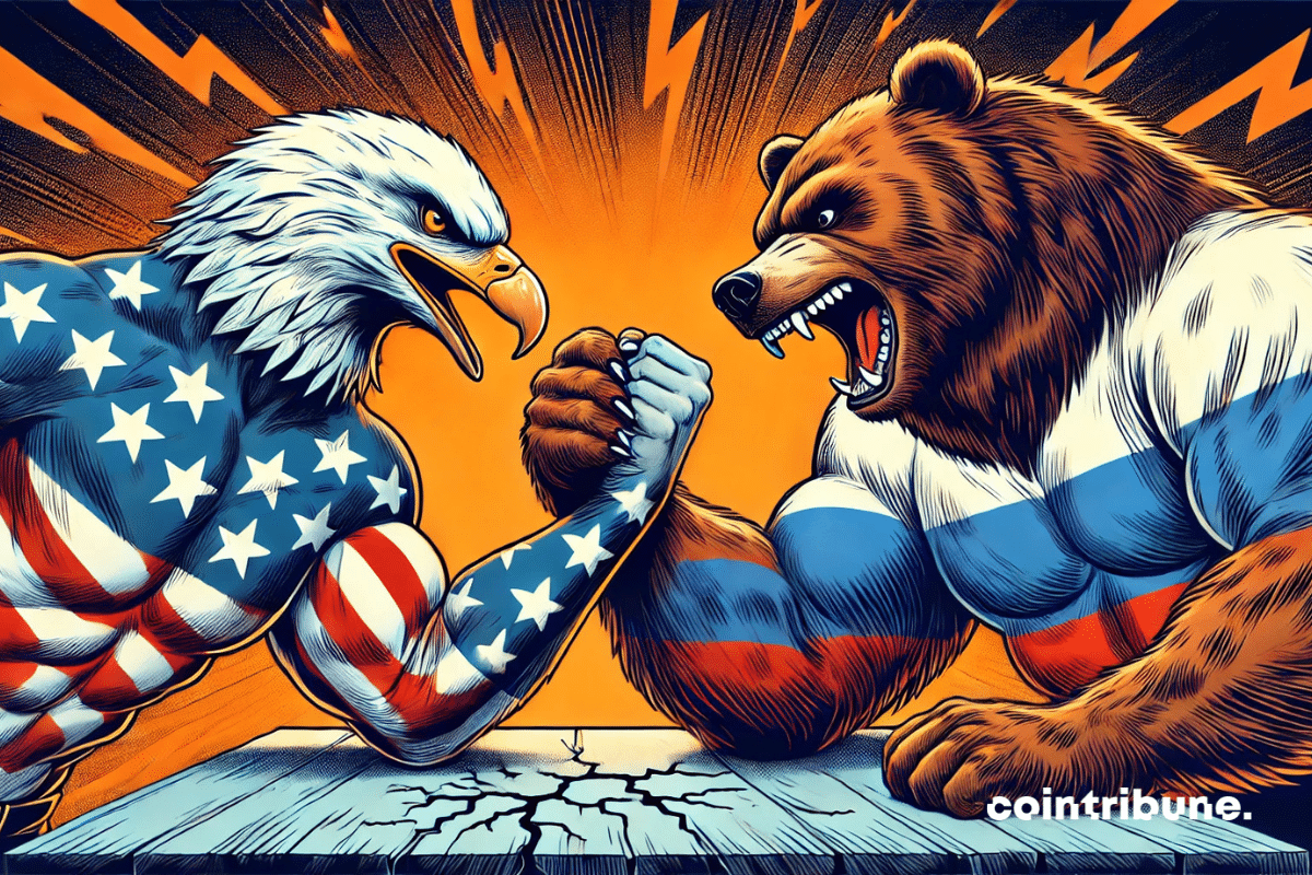 Un bras de fer épique entre un aigle anthropomorphe (Trump) aux couleurs des États-Unis et un ours aux couleurs de la Russie, avec une tension visible et une puissance brute relative aux nouvelles taxes.