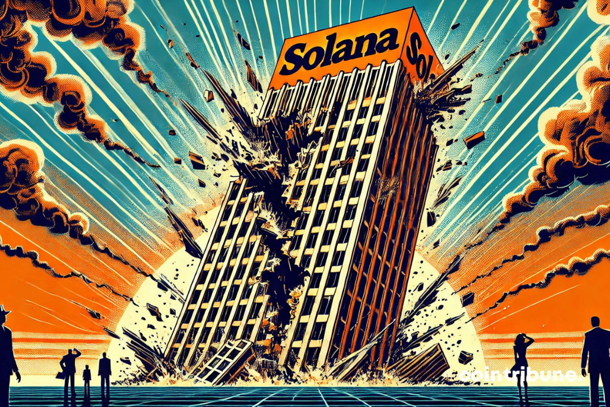 Crypto : un gratte-ciel Solana en train de s’effondrer, symbolisant la chute brutale des revenus.