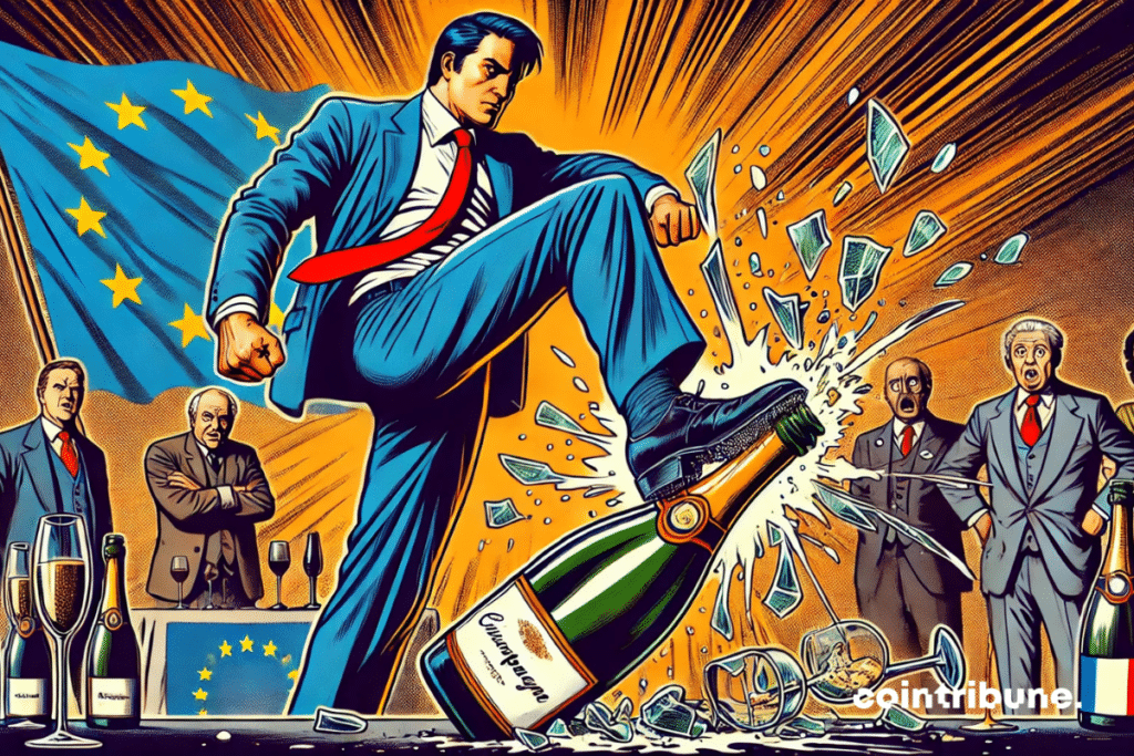 Un puissant businessman écrasant une bouteille de champagne d'Europe, symbolisant l’impact économique de la taxe de Trump.