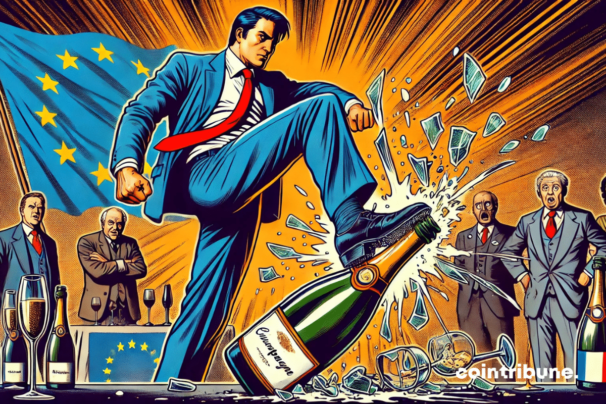 Un puissant businessman écrasant une bouteille de champagne d'Europe, symbolisant l’impact économique de la taxe de Trump.