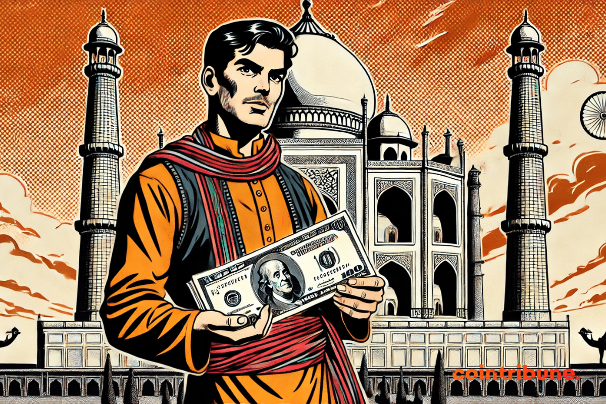 BRICS : Un personnage en tenue traditionnelle de l'Inde se tient devant le Taj Mahal, tenant un billet de dollar avec une expression réfléchie.