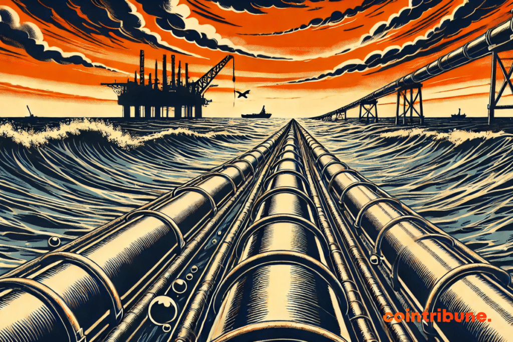 Un pipeline en mer, dans une ambiance dramatique et mystérieuse pour évoquer les enjeux géopolitiques ou écologiques autour des infrastructures pétrolières.
