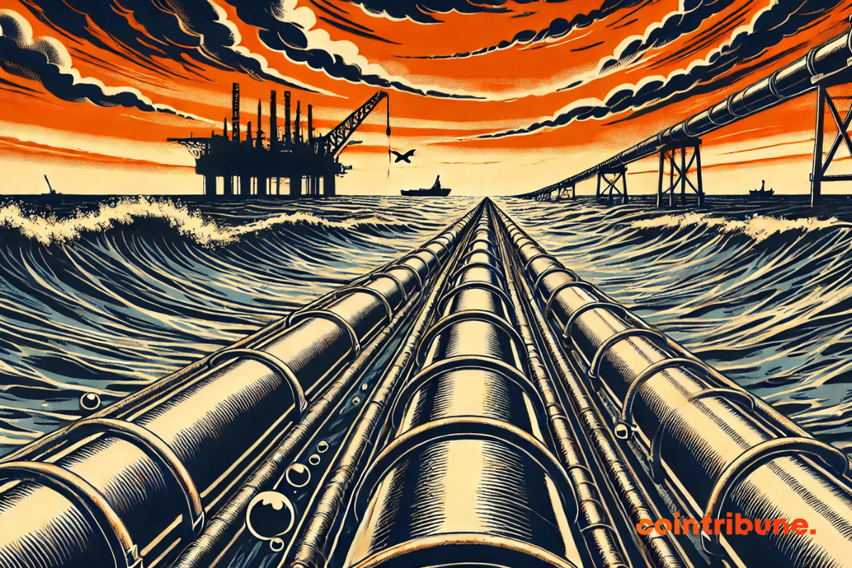 Un pipeline en mer, dans une ambiance dramatique et mystérieuse pour évoquer les enjeux géopolitiques ou écologiques autour des infrastructures pétrolières.