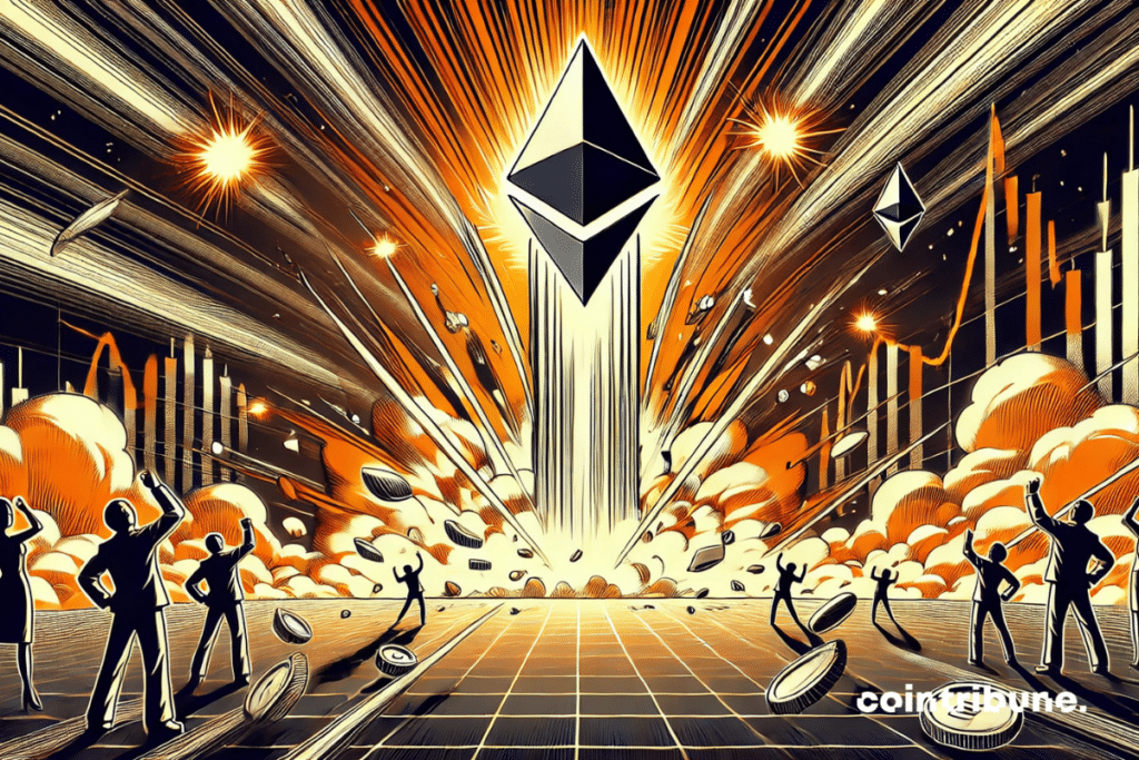 Le logo d'Ethereum propulsé comme une fusée, jaillissant d’un sol fracturé de graphiques boursiers, sous les yeux ébahis des silhouettes témoins.