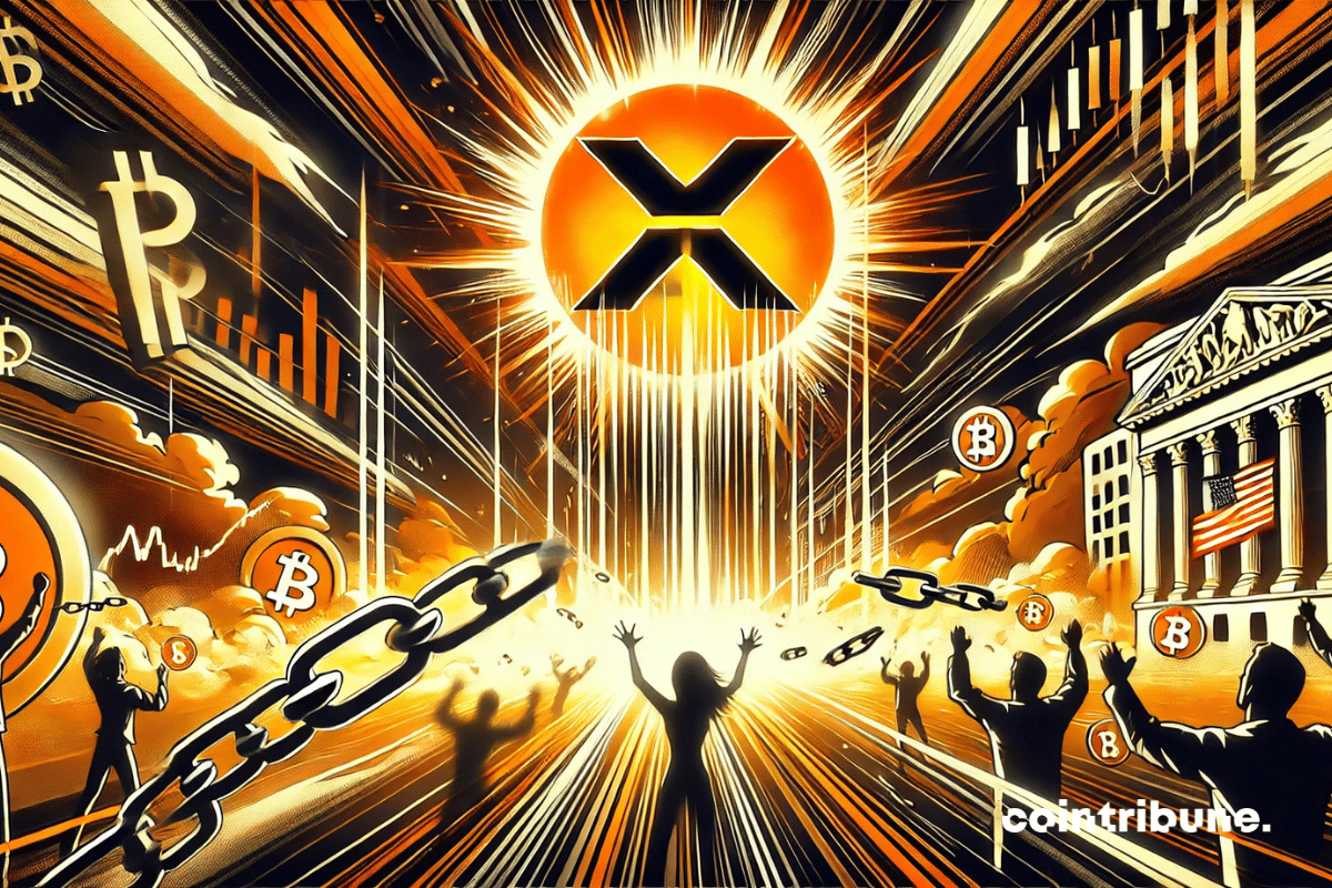 Le XRP s’envole vers de nouveaux sommets financiers après l’abandon de la plainte de la SEC, symbolisé par des éclats de lumière et des chaînes brisées. Le graphique financier en ascension, les investisseurs jubilants et l'introduction en Bourse en arrière-plan renforcent l'effet de victoire et d'euphorie.
