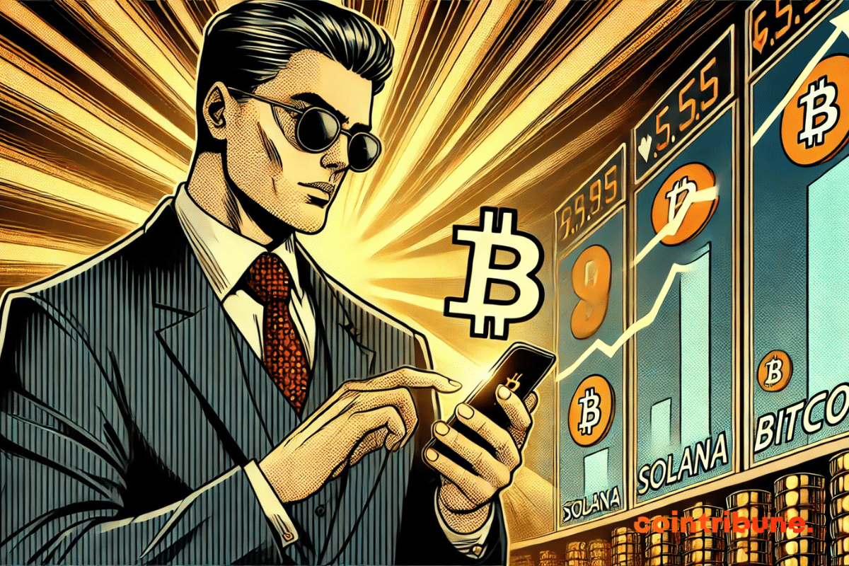l'ascension rapide de Solana et Bitcoin, avec un investisseur absorbé par la montée des valeurs sur son smartphone.