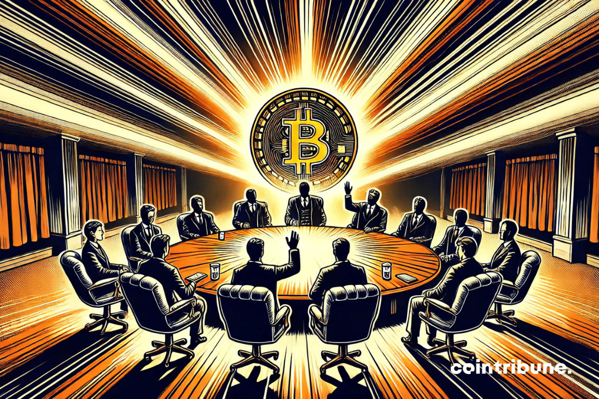 La salle du vote où le contraste entre la tension et la présence iconique du Bitcoin sont là pour capturer toute la symbolique de cette décision historique de GameStop.
