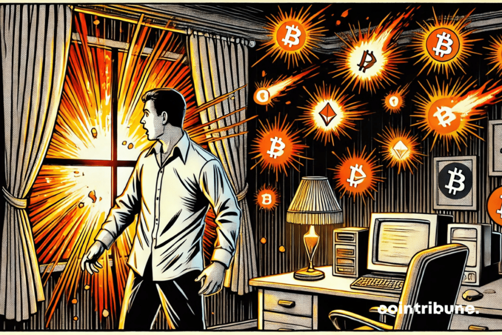 La Fenêtre sur l’Altcoin : un trader crypto figé dans la surprise, baigné dans une lumière orange éclatante, alors qu’il découvre la flambée silencieuse des altcoins.