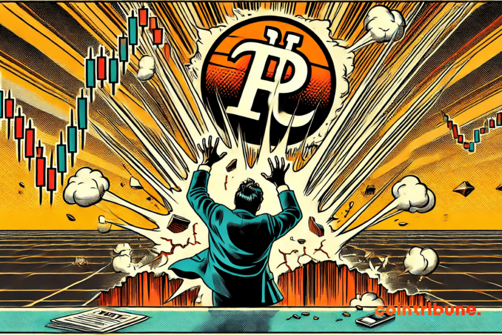 la chute du Pi Network ! La crypto est entouré de fissures, tandis qu’un investisseur paniqué observe la scène.