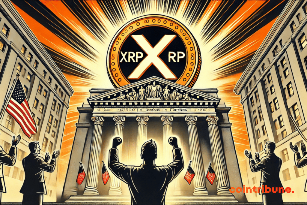 Une pièce de la crypto XRP de Ripple imposante devant un sceau d’approbation lumineux, avec un investisseur célébrant la nouvelle.