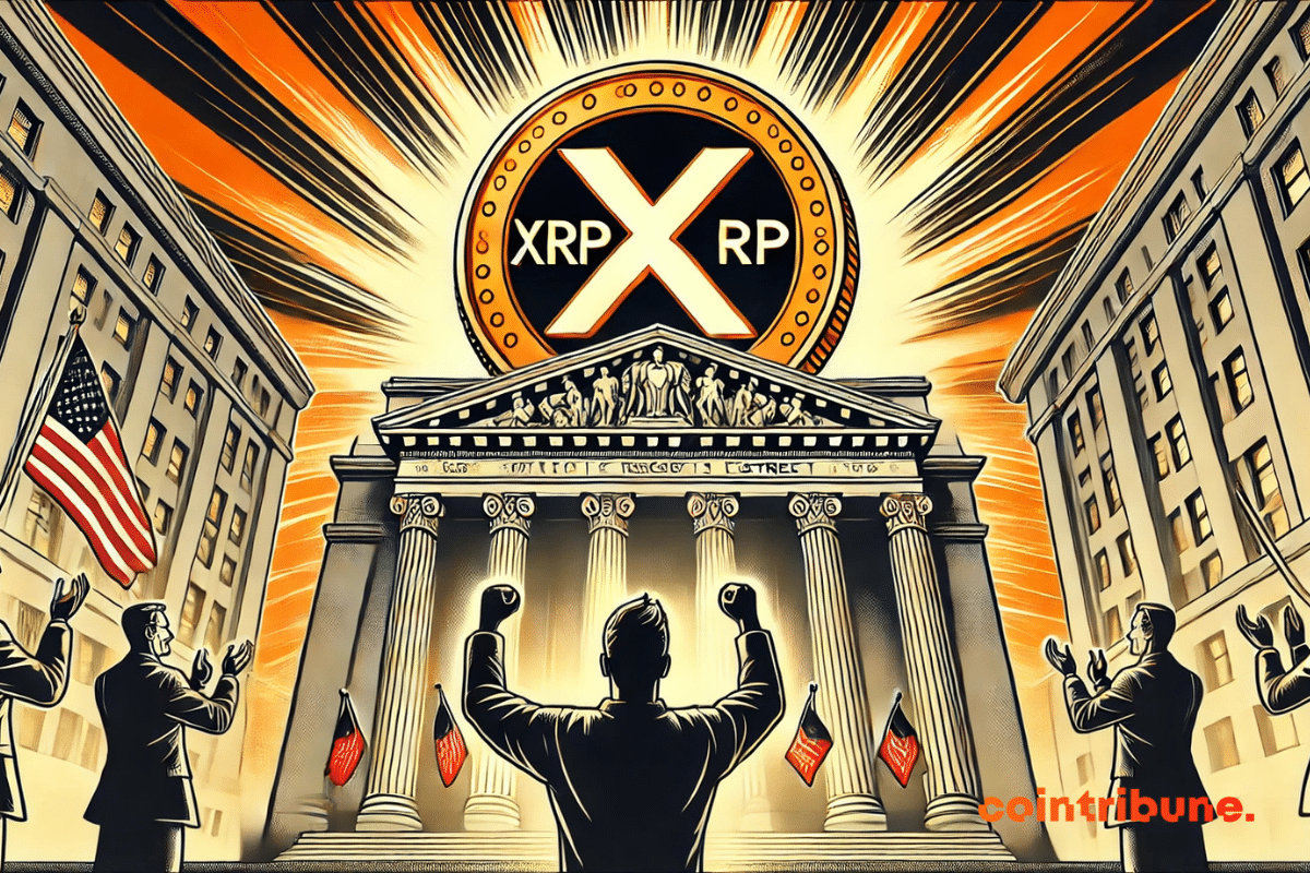 Une pièce de la crypto XRP de Ripple imposante devant un sceau d’approbation lumineux, avec un investisseur célébrant la nouvelle.