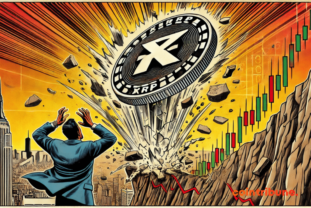 Una enorme moneda de la criptomoneda XRP cae al vacío ante los ojos de un trader en pánico, mientras un gráfico en el fondo muestra una tendencia fuertemente bajista.