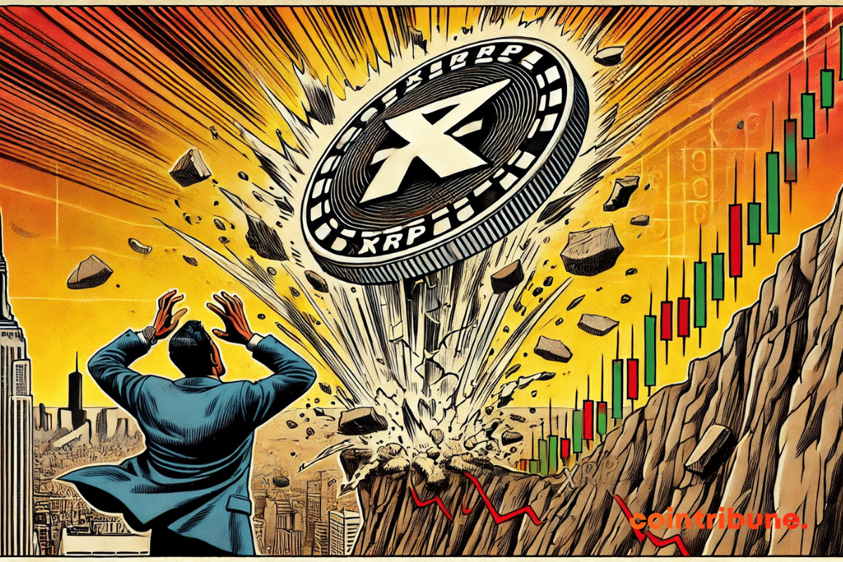 Una enorme moneda de la criptomoneda XRP cae al vacío ante los ojos de un trader en pánico, mientras un gráfico en el fondo muestra una tendencia fuertemente bajista.