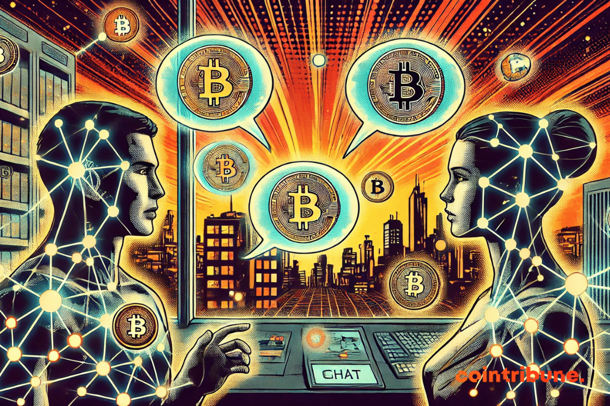Deux avatars futuristes échangeant des pièces crypto via une messagerie holographique dans un univers Web3.