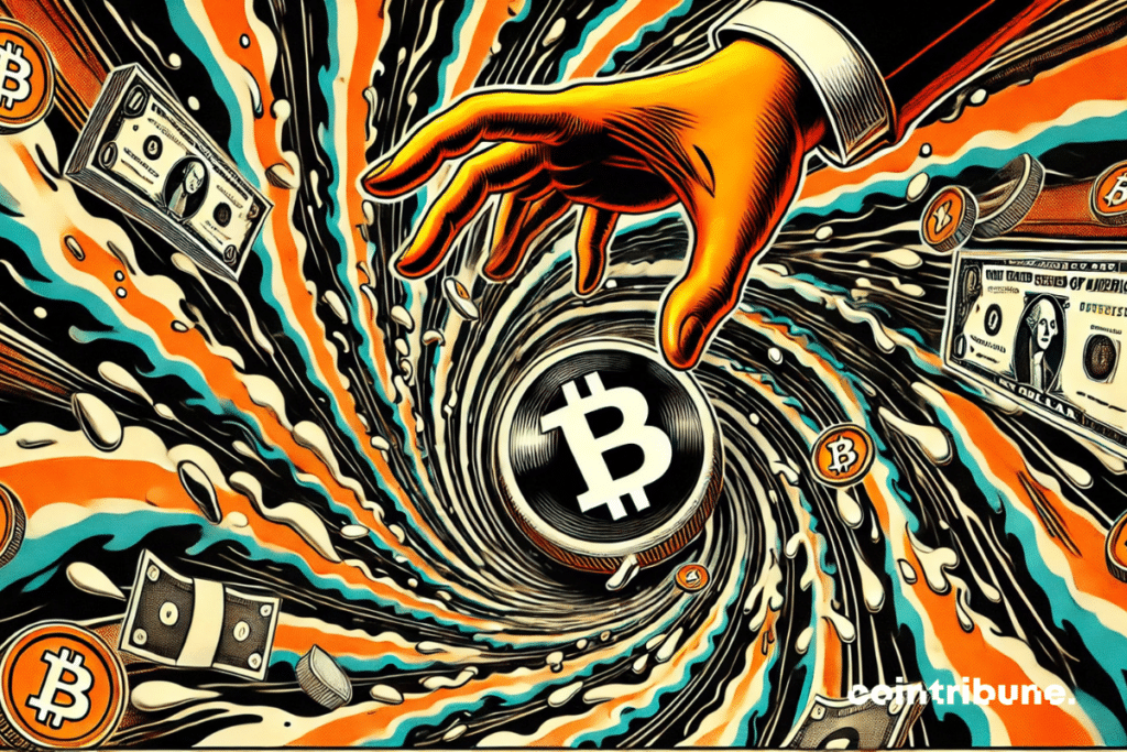 Symbole du Bitcoin tourbillonnant, tiré vers le bas.