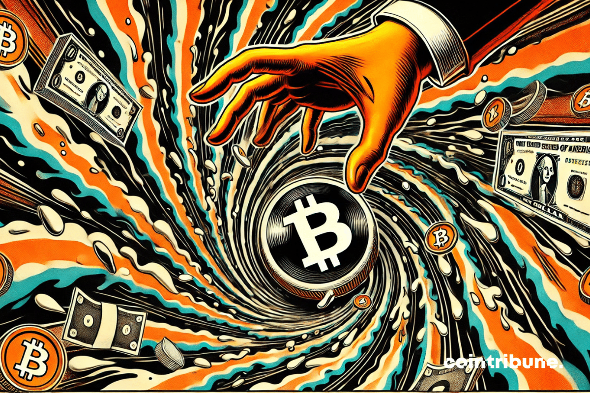 Symbole du Bitcoin tourbillonnant, tiré vers le bas.