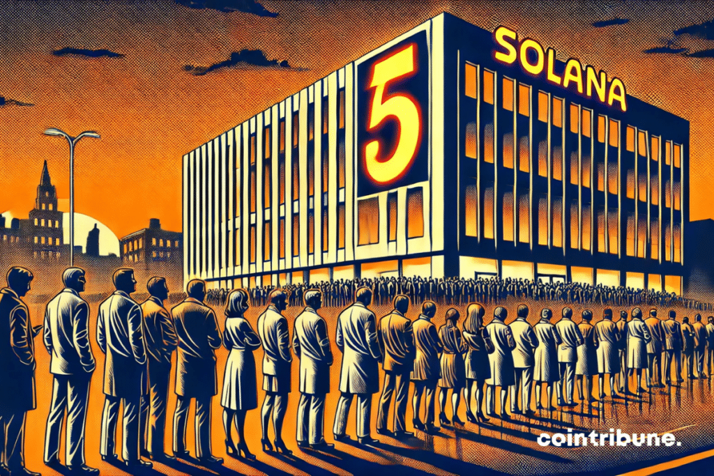 Des personnages alignés avec enthousiasme devant un bâtiment portant l’inscription Solana