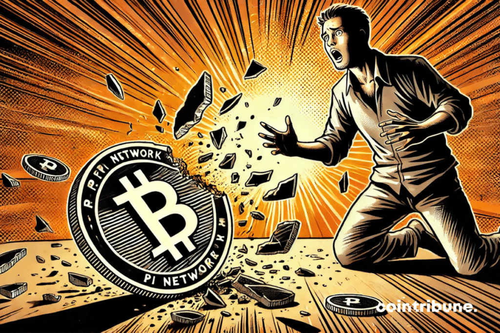 Un trader abasourdi observant une pièce de la crypto Pi Network brisée au sol.