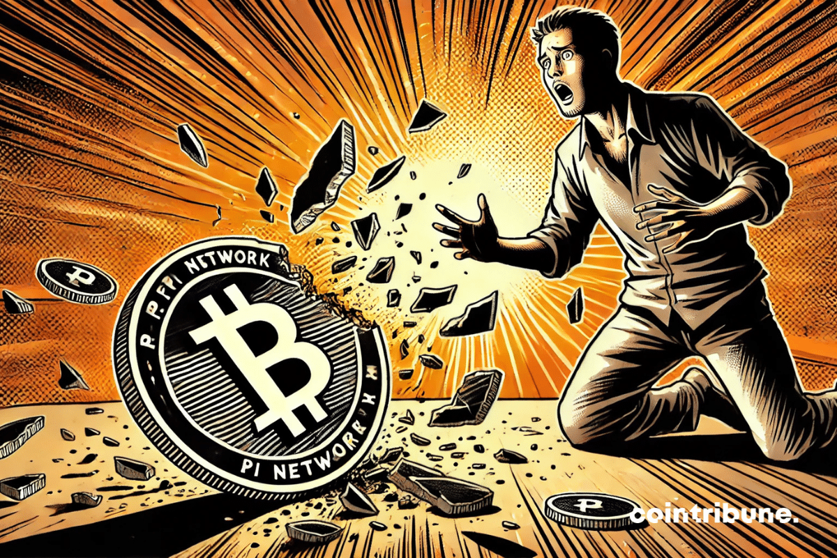 Un trader abasourdi observant une pièce de la crypto Pi Network brisée au sol.