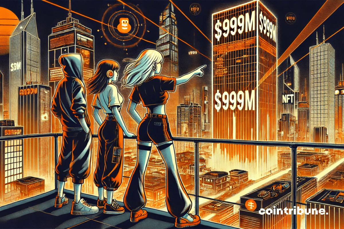 Three young adults from Generation Z, standing on a high-tech balcony.