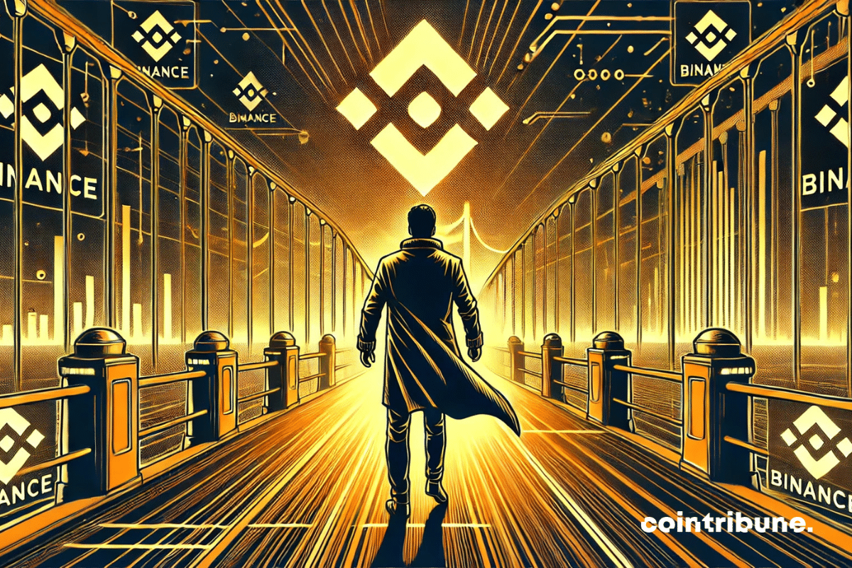 Un hombre en un puente frente al logotipo del exchange de criptomonedas Binance.