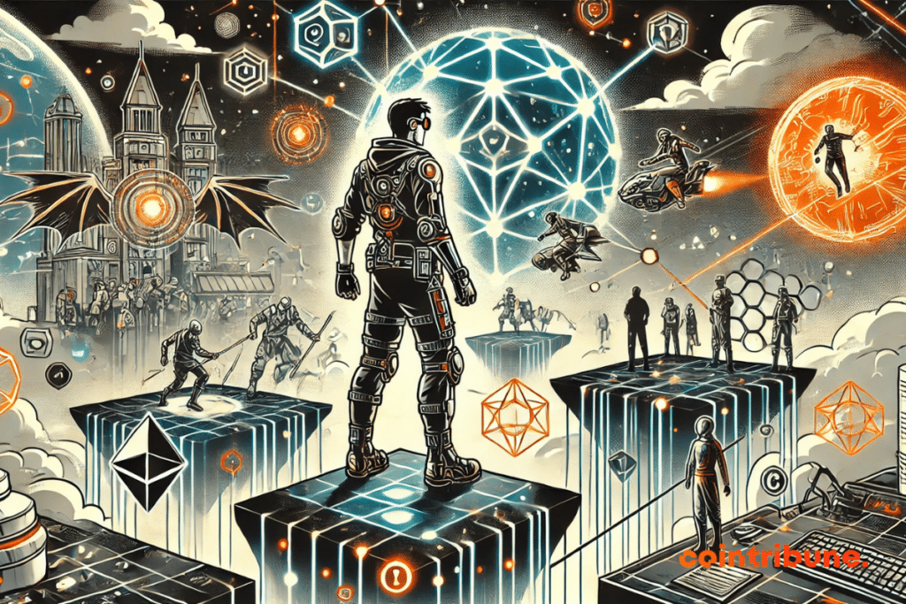 ilustração sobre interoperabilidade em jogos Web3, com um personagem caminhando sobre uma ponte digital luminosa conectando vários mundos de jogo