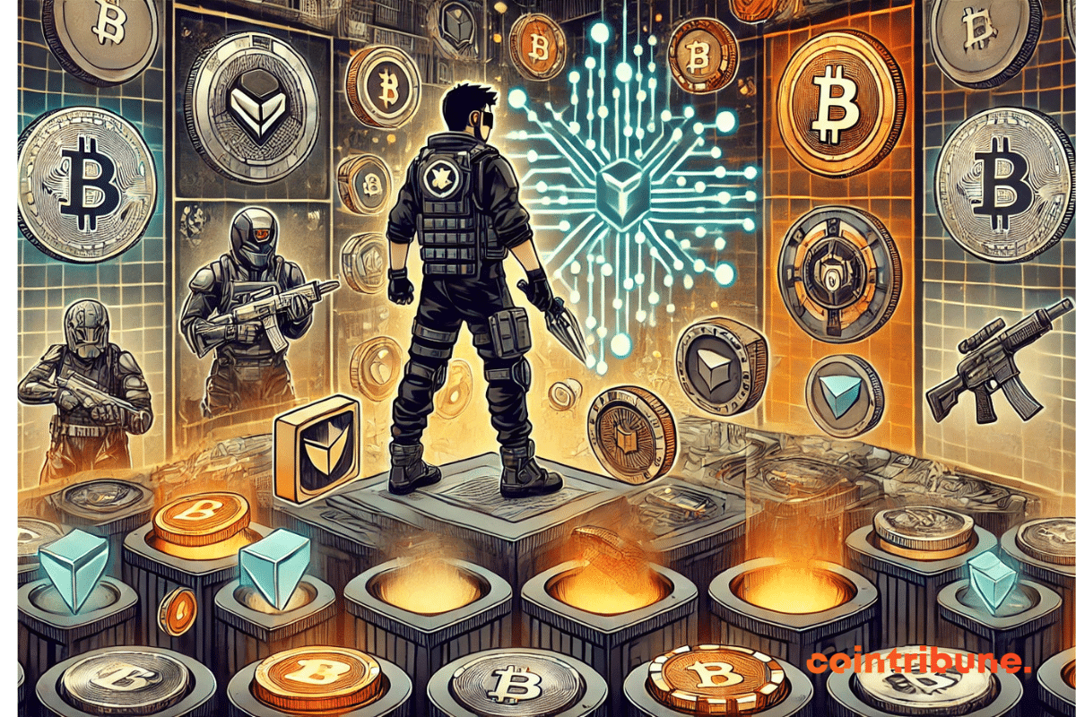Illustration highlighting a virtual NFT marketplace where a futuristic gamer interacts with tradable digital objects, illustrating the impact of NFTs on gaming