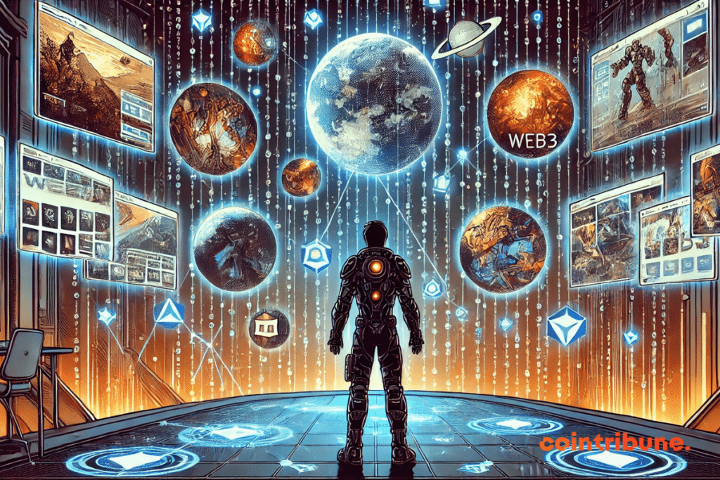 Illustration mettant en scène les plateformes et jeux Web3, avec un personnage devant un portail numérique entouré d’écrans holographiques affichant différents univers de jeu.