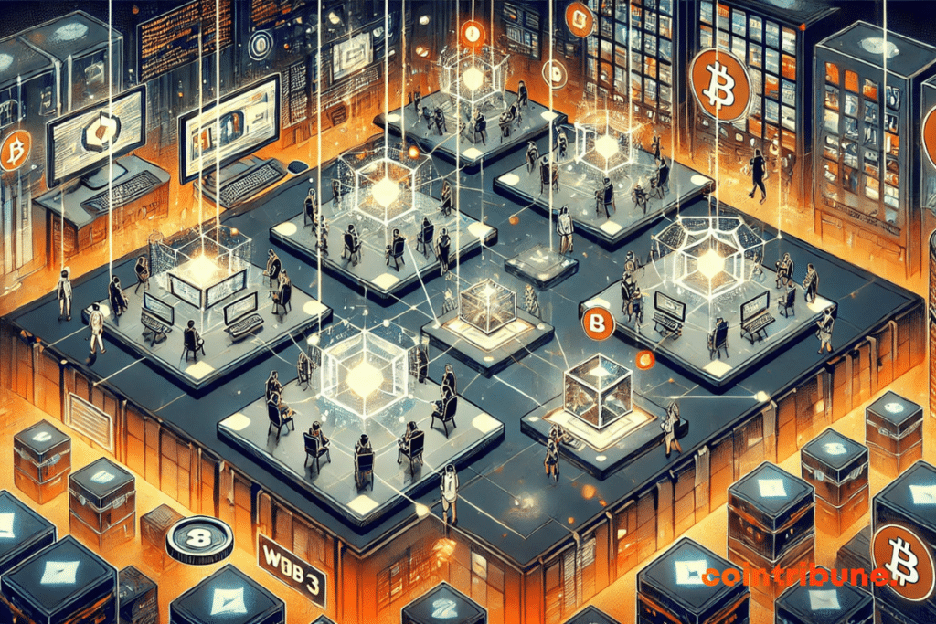 ilustração apresentando uma plataforma de jogos futurista conectada a uma rede blockchain, com vários jogadores interagindo em um espaço digital imersivo