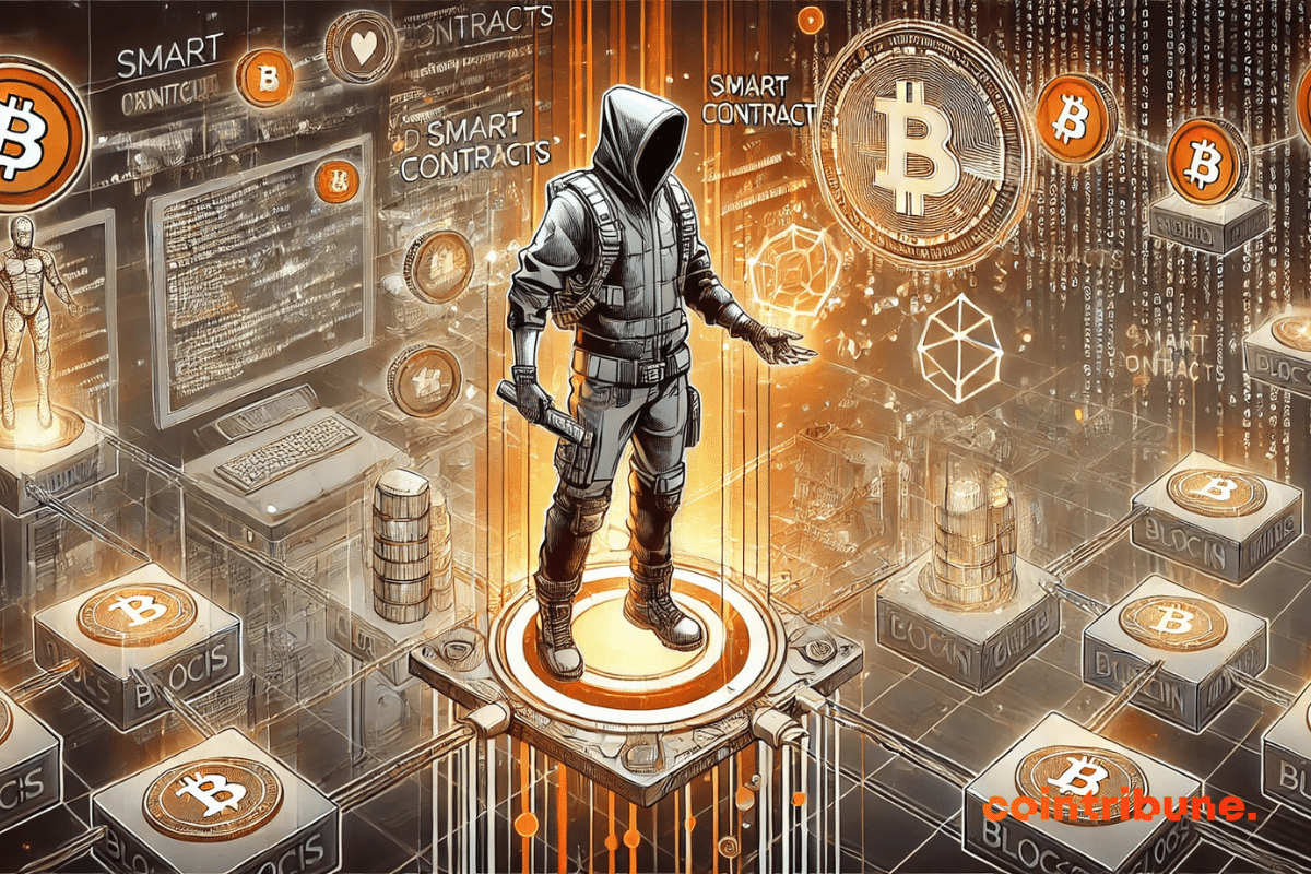 Illustration depicting a smart contract in blockchain games, with a futuristic character activating a holographic digital contract, surrounded by connected blockchains.