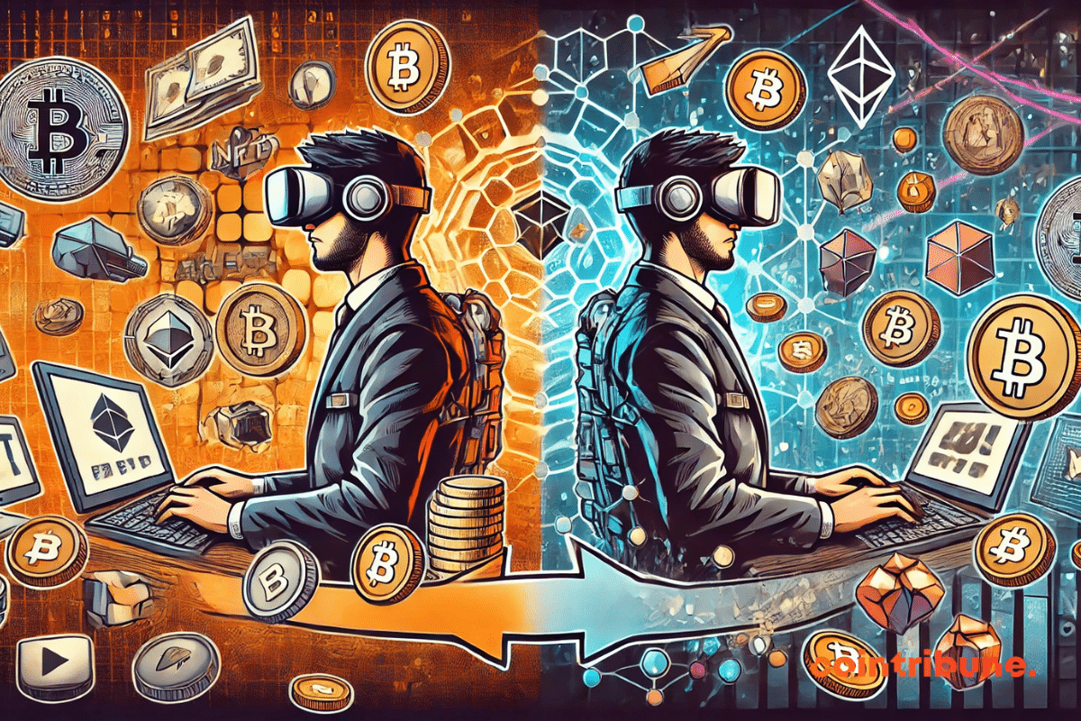 Illustration depicting the evolution of play-to-earn to play-and-earn with NFTs, featuring a futuristic player holding a holographic NFT, with a transition between two game worlds in the background.