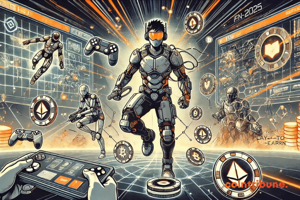 Illustration highlighting Play-to-Earn games in 2025, with a futuristic player surrounded by holograms of rewards, digital avatars and crypto tokens, in a dynamic digital universe.