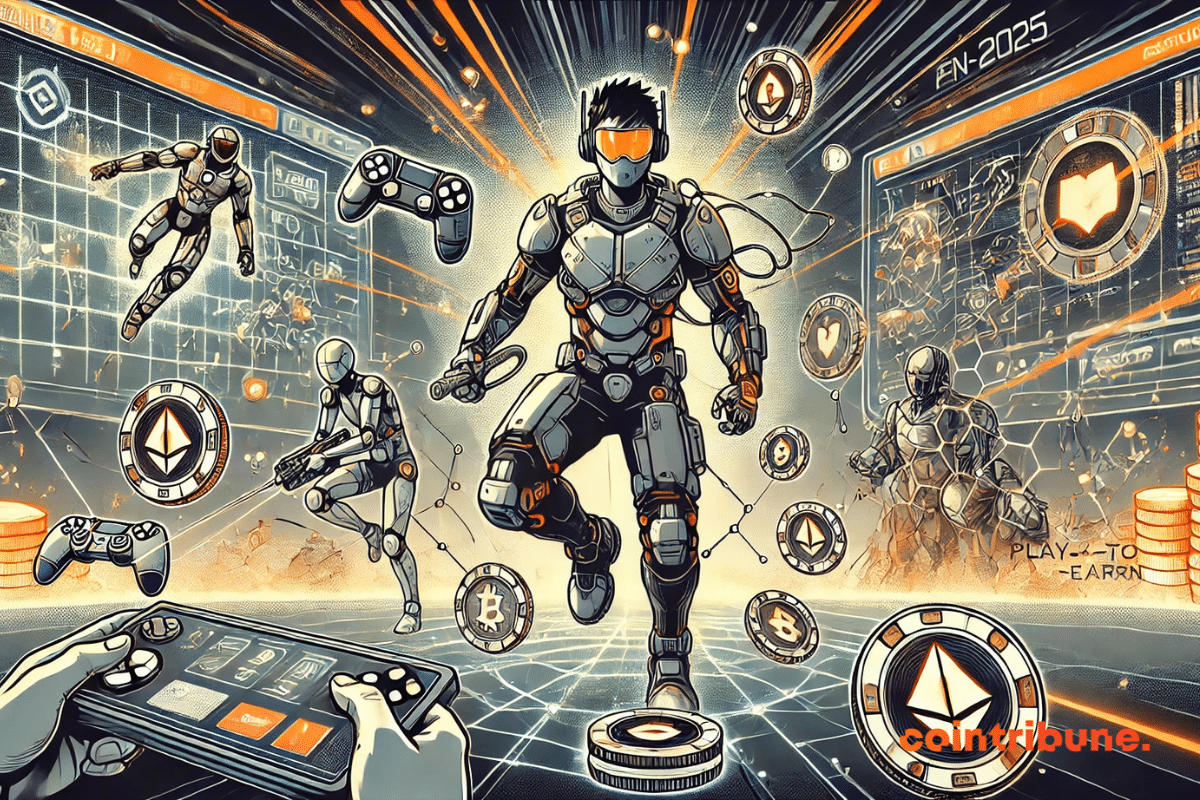 Illustration highlighting Play-to-Earn games in 2025, with a futuristic player surrounded by holograms of rewards, digital avatars and crypto tokens, in a dynamic digital universe.