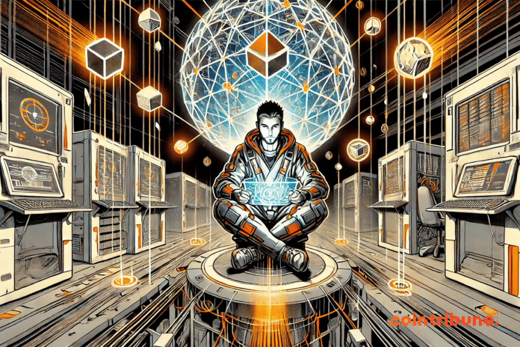 illustration representing the issue of decentralization of Web3 gaming, with a character observing a blockchain network between a centralized system and a decentralized system