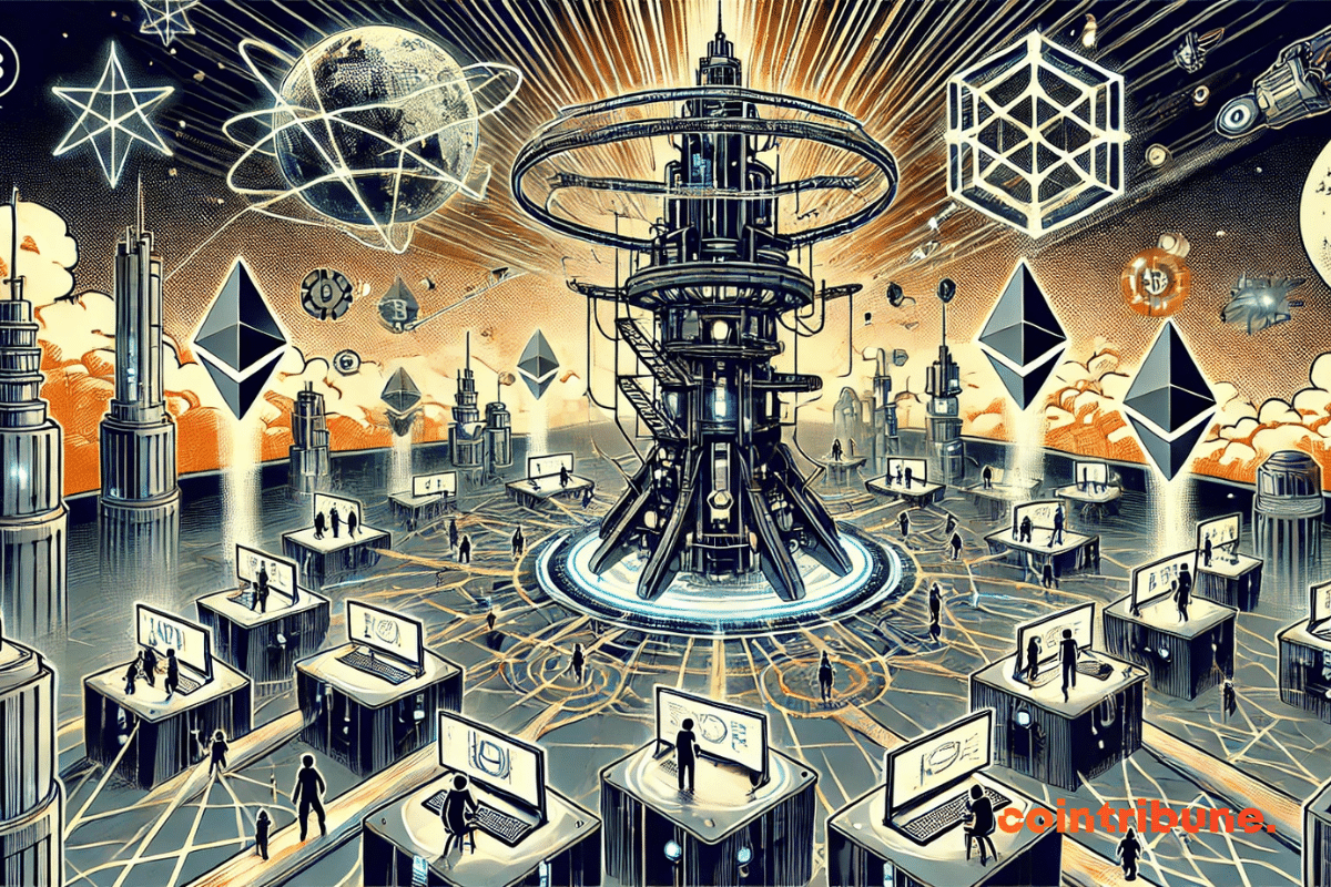 illustration with a central hub in the form of a futuristic digital tower, surrounded by players interconnected via holographic gateways, representing Web3 platforms
