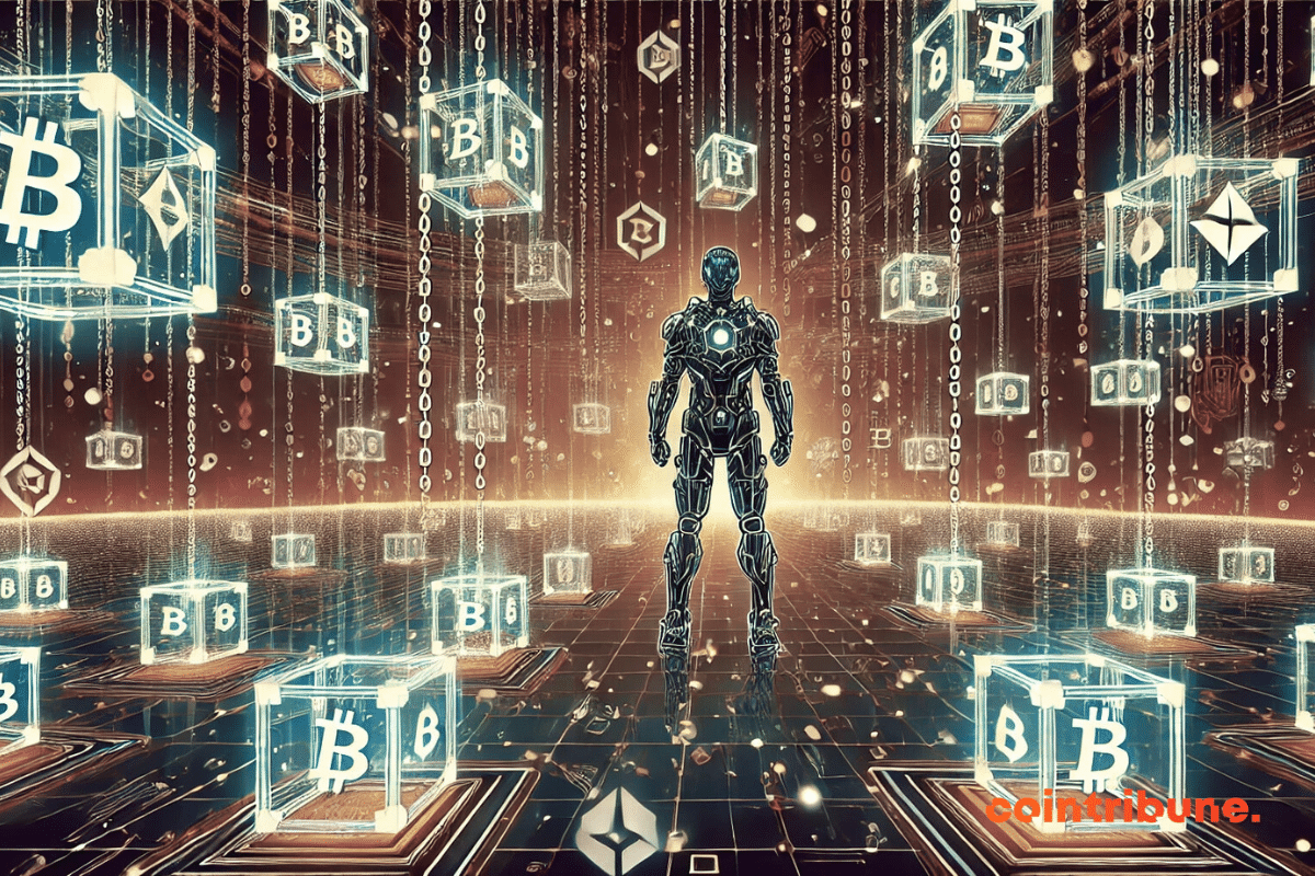 Illustration representing the most used blockchains for gaming, with a futuristic character surrounded by holographic blockchains and an interconnected digital network.